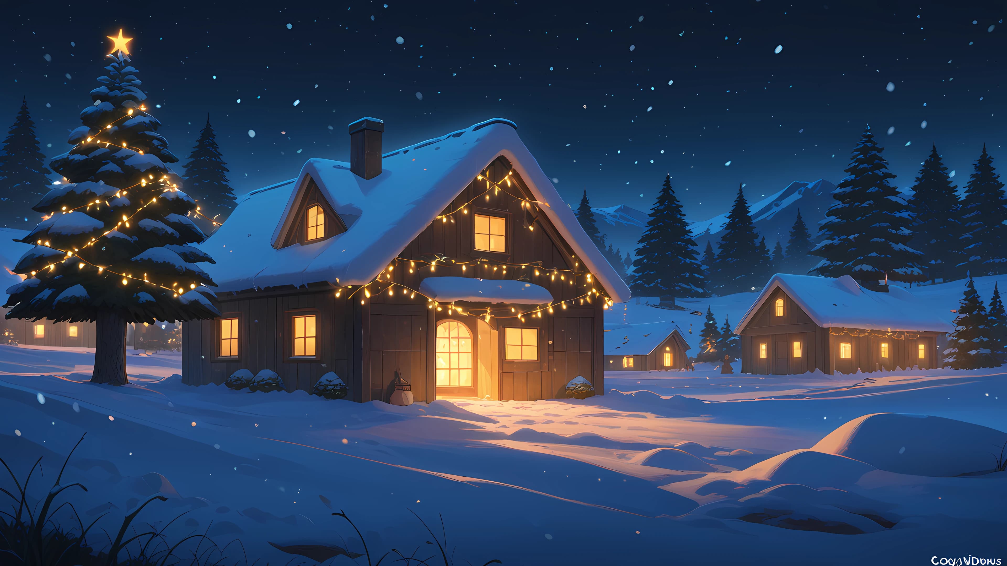 Christmas Anime Wallpaper Snowy Village 3840×2160 anime wallpaper